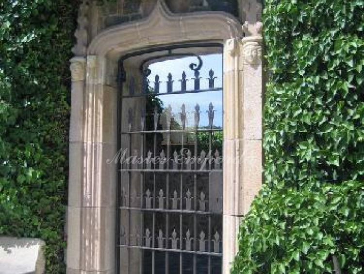 Detalle reja de la forja de la puerta de entrada principal del castillo con panel de cristal con arco de piedra deprimido rectilíneo muy elegante  