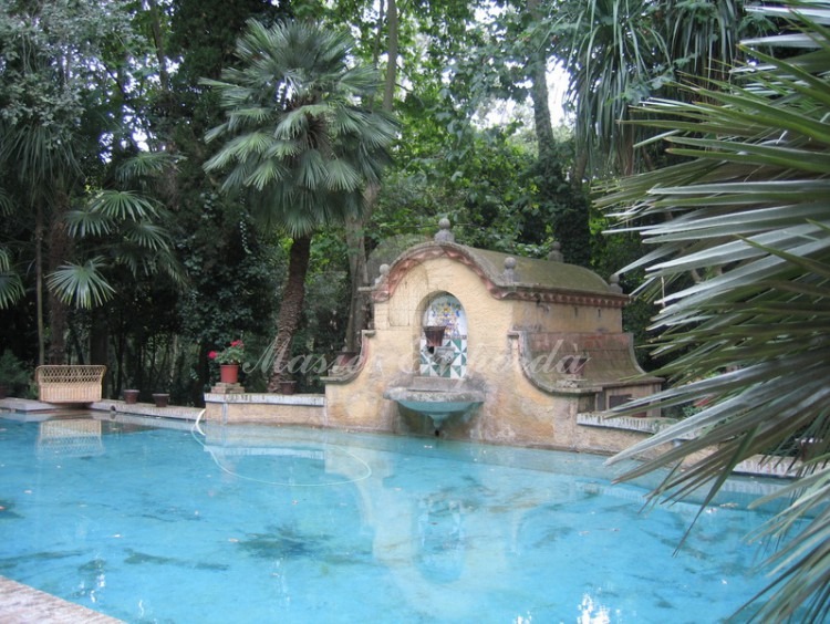 Detalle de la piscina de la casa con fuente en el centro de esta 